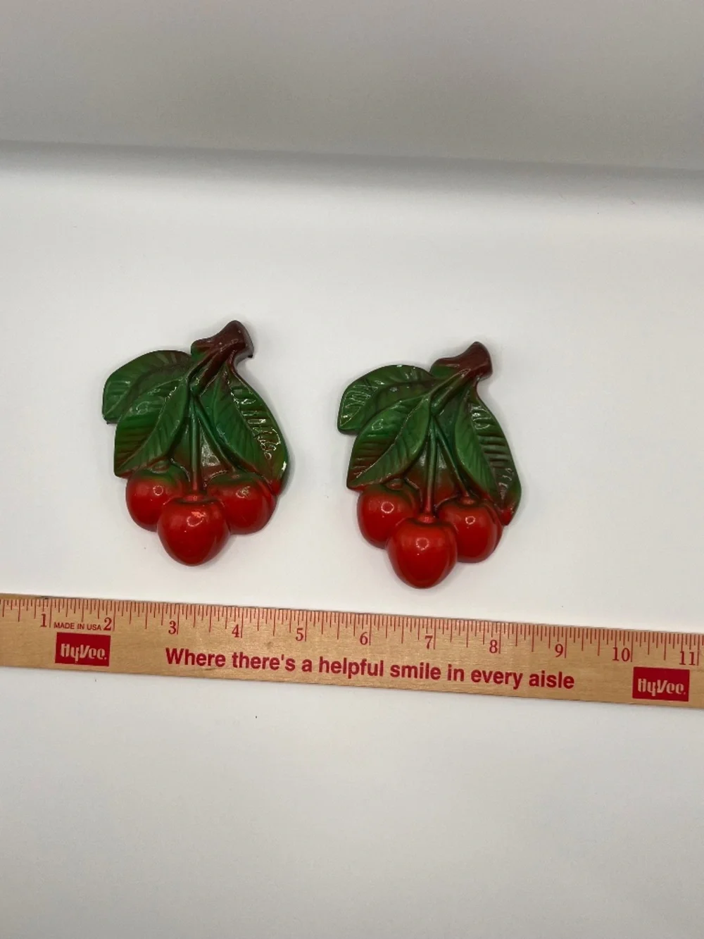 VTG Chalkware Red Cherries Wall Plague. Set of 2. Hand Painted. Plaster